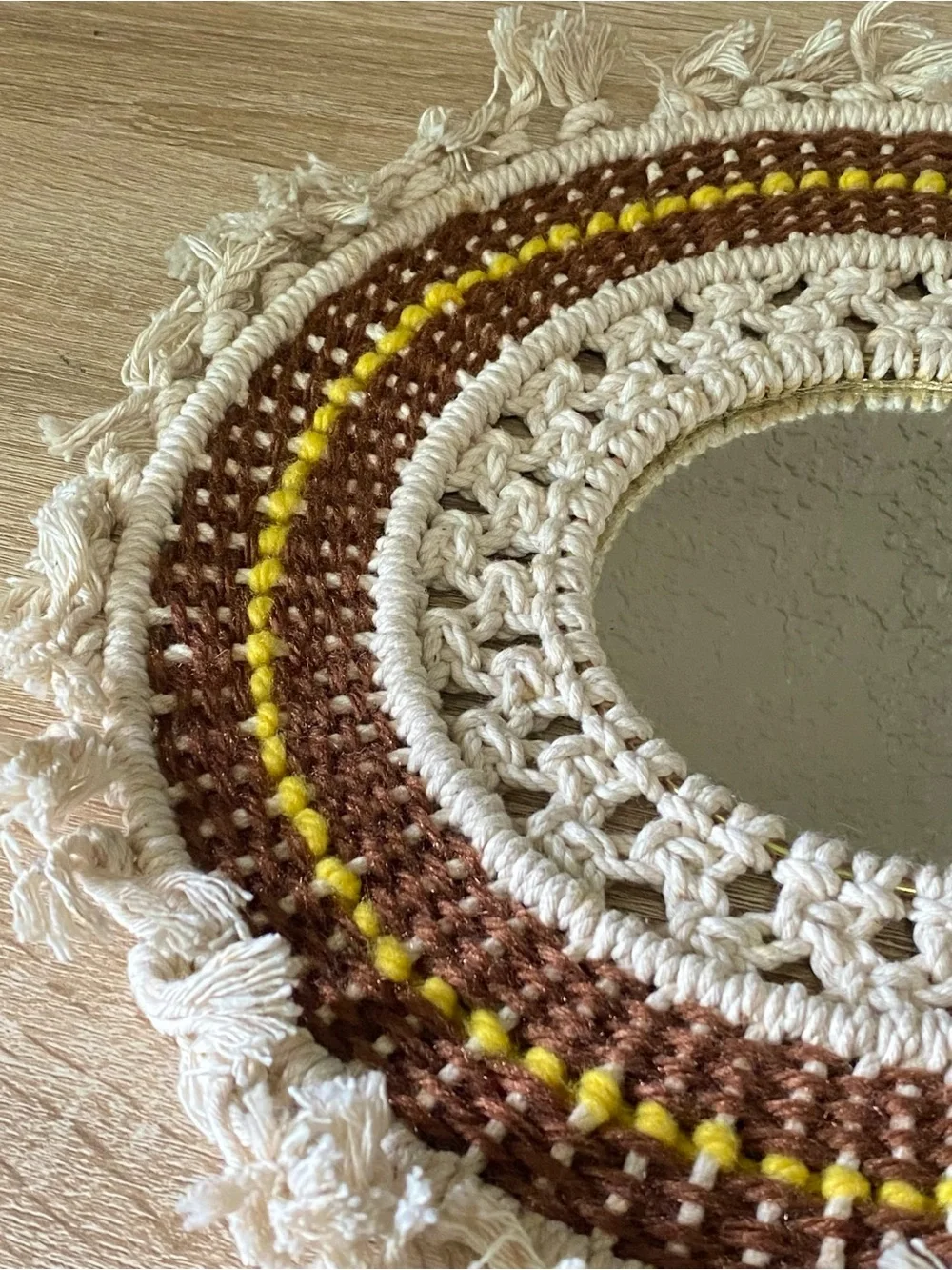 Handmade Macramé Round Wall Mirror in Cream, Brown & Yellow